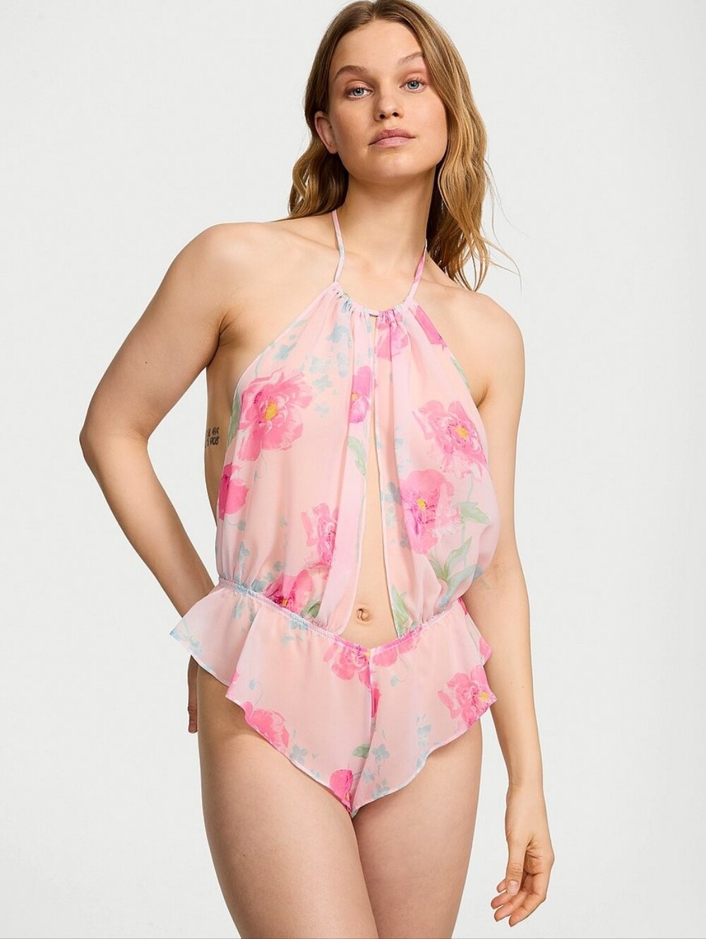 Nwt Victoria's Secret Very Sexy Peony Chiffon Halter Teddy Size Large & XL
